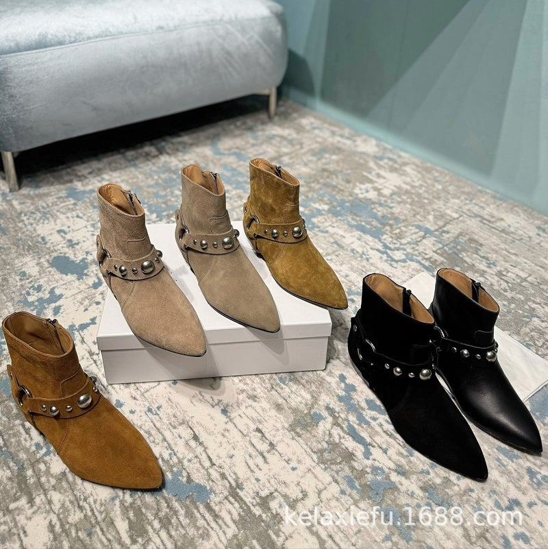 High-Definition 2025 Cow Suede Pointed Toe Flats Bottom Side Zipper Rivets Western Cowboy Boots Boots Single Boots - Image 2